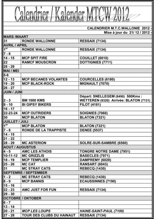 Le calendrier du MTC Wallonie