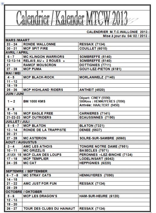 Les calendriers MTCW et Belgian Motards 2013