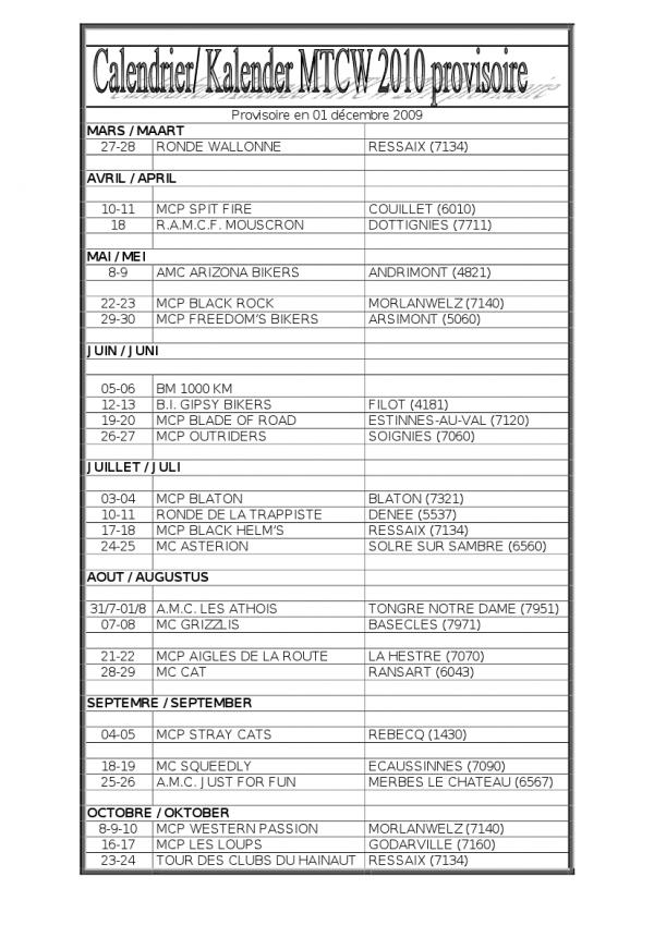 Calendrier provisoire 2010 du MTC Walonnie